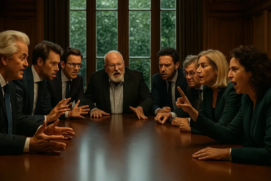 Nederlandse politieke leiders, waaronder Geert Wilders, Frans Timmermans en Laurens Dassen, in verhitte discussie rond een grote vergadertafel in een klassieke kamer met houten lambrisering en uitzicht op groen buitenlicht.